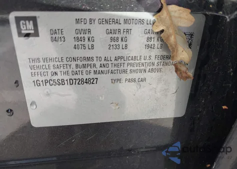 2013 Chevrolet Cruze 1Lt Auto из США, поврежденный, VIN 1G1PC5SB1D7284827